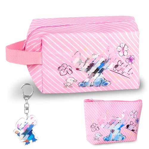 Neceser Stit, Impermeable Bolsa de Maquillaje, Neceser de Dibujos Animados, Neceser Viaje de Gran Capacidad, Neceser Plegables con Asa, Portátil Bolsa Aseo Mujer con Llavero y Monedero