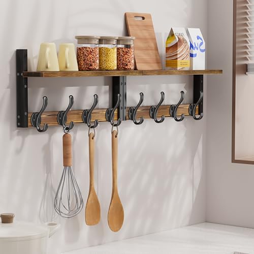 Image of 33 inch Coat Rack Wall Mount with Shelf, Entryway Wall Hooks with Shelf, Heavy Duty Coat Hanger Wall Mount for Living Room, Bedroom, Rustic Brown & Black