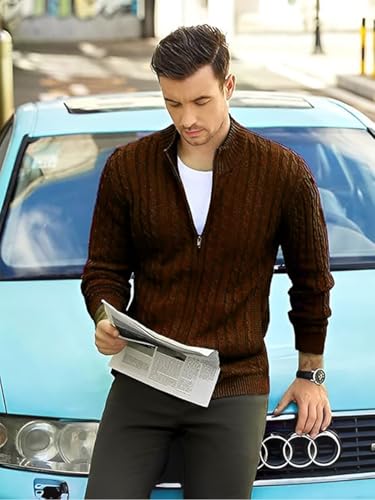 Image of TYSORT Men's Cotton Full Sleeve High Neck Full Zipper Sweater for Men, Cable Knitted Cardigan for Men