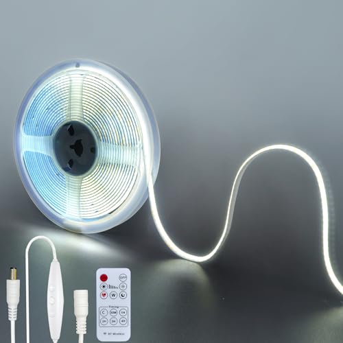 Image of 12V DC COB LED Strip Lights with Remote Dimmable Switch (No Power Supply),16.4FT /5M,Cool White 6500K,320LEDs /M,8mm Width,Not Waterproof IP20,for DIY Home Indoor Decoration