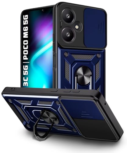 Image of WOW IMAGINE Tough Armor Bumper Mobile Back Case for Mi Redmi 13C 5G | Poco M6 5G | Sliding Camera Shield Cover | Shock Proof 360 Protection | Hybrid PC + TPU | Ring Holder with Kickstand - Blue