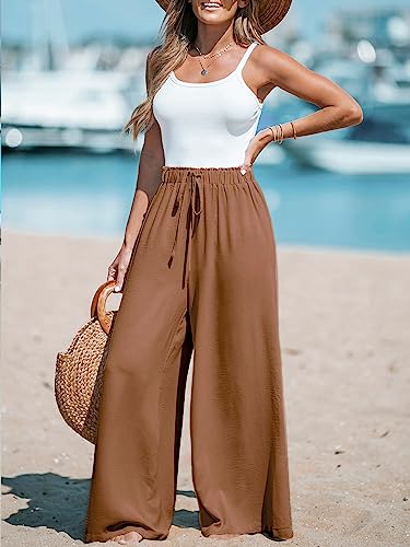 CUPSHE Women Wide Leg Pants High Waisted Trousers Linen Palazzo Lounge Beach Cover Ups Flowy Pants,L Brown3