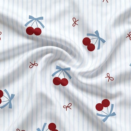 Image of Nayoroom Blue Striped Bow Duvet Cover Queen Size Red Cherry Duvet Cover 3 Pieces Soft Lightweight Microfiber Girls Cute Aesthetic Dorm Bedding Set with Zipper Closure