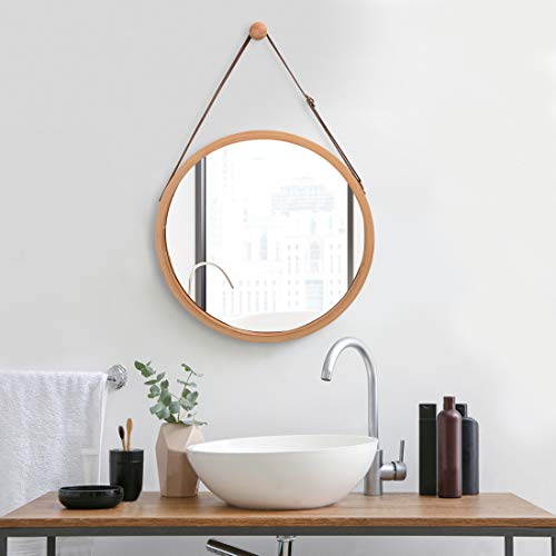 Hanging Round Wall Mirror in Bathroom & Bedroom - Solid Bamboo Frame & Adjustable Leather Strap (Bamboo, 17-3/4") - Image 4
