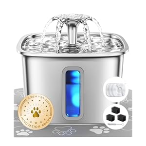Veken Innovation Award Winner Stainless Steel Cat Water Fountain, 108oz/3.2L Automatic Pet Fountain Dog Water Dispenser with 3 Replacement Filters & Silicone Mat for Cats, Dogs, Multiple Pets (Silver)