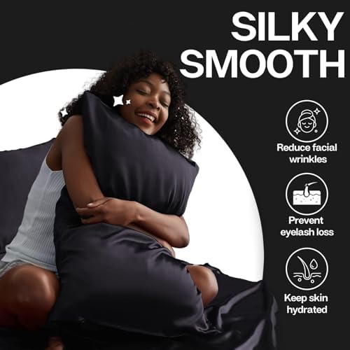 MR&HM Satin Pillowcase for Hair and Skin, Silk Satin Pillowcase 2 Pack, Queen Size Pillow Cases Set of 2, Silky Pillow Cover with Envelope Closure (20x30, Black) - 2