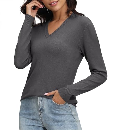 Image of EXCHIC Women's Long Sleeve V-Neck Casual Sweaters Fall Classic Soft Knit Top 2026 Fit Basic Pullover Tops