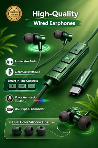 Image of Gaming Type-C Wired Earphone with Mic, 10mm Dynamic Bass Driver, Magnetic in-Ear Headphones, Low Latency Sound for Gaming, 1 Button Control, HD Calling, Voice Assistant, (Light Green)
