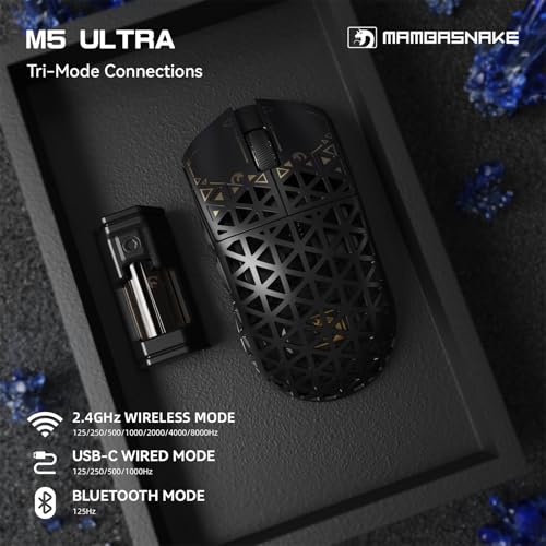 MAMBASNAKE M5 Ultra Carbon Fiber Mysz Bezprzewodowa do Gier 8000Hz z Rozdzielczością do 42000 DPI, Czujnikiem PAW3950MAX, 39g Ultralekka, Układ Nordic 52840, 2,4GHz/BT/Wired, do PC/Xbox/PS/Mac -Czarny