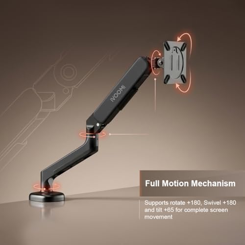 Image of iVOOMi Single Monitor Gas Spring Arm, Fits 15-34 inch Screens, Holds up to 12kg, Dual Mount C-Clamp & Grommet, VESA Mount 75x75 & 100x100mm, 360 Rotation Lift /Tilt /Swivel /Rotate