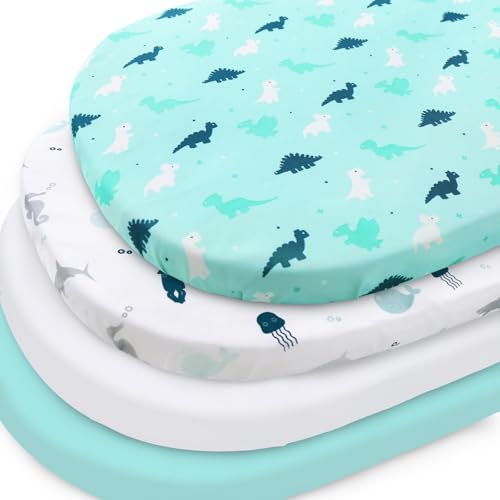 Image of Bassinet Fitted Sheets 4 Pack Compatible with Halo Bassinest Swivel, Flex, Glide, Premiere and Luxe Series Sleeper, Ultra Soft and Skin-Friendly, Aqua Dinosaurs & White Ocean