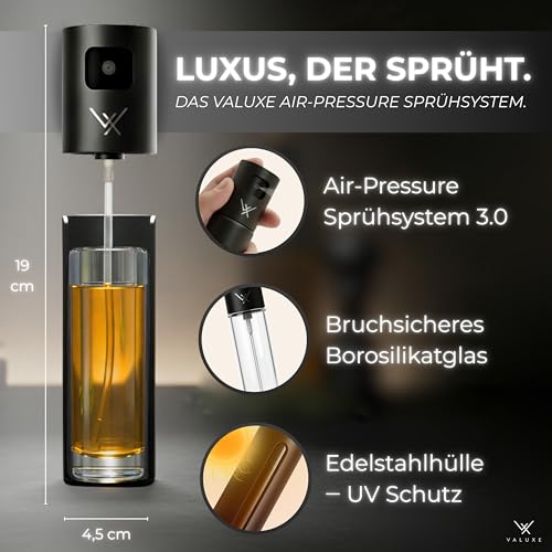 VALUXE® Ölsprüher für Speiseöl & Essig mit UV-Edelstahlmantel & Sprühfilter - Edelstahl Öl-Sprühflasche - Präziser Essig & Olivenöl Sprüher, Öl-Zerstäuber, Oil-Sprayer schwarz 4