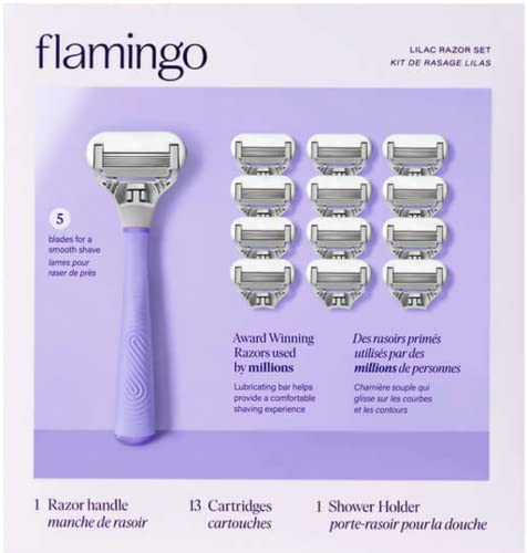 Flamingo Women's 5 Blade Razor: Lilac Razor Handle with Shower Holder + 2 Razor Blade Refills, 3 Piece Set