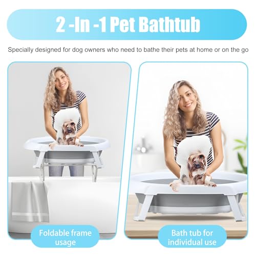Makamsui 2 in 1 Hundebadewanne, Faltbare Hundewaschstation, Tragbare Haustierbadewanne für Fellpflege und Baden, Faltbare Kunststoff-Dusche für kleine Hunde Katzen, Indoor Outdoor Grau