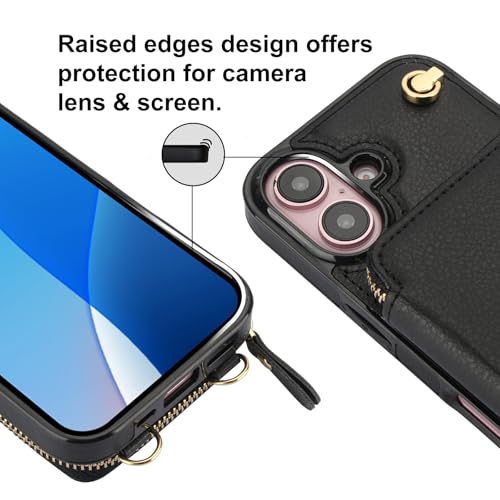 Bocasal Crossbody Wallet Case for iPhone 16, RFID Blocking Leather Purse Case with Card Holder, Protective Handbag Flip Cover with Zipper Wrist Strap Lanyard for Women 5G 6.1 Inch (Black)