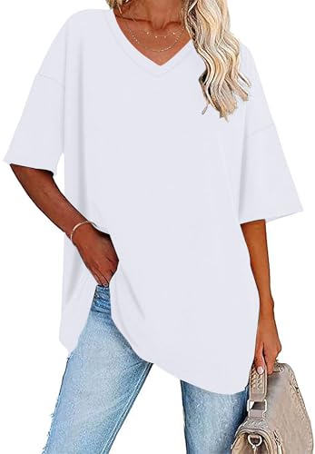 WNEEDU Women Summer T Shirts V Neck Loose Casual Ladies Plus Size Tops Short Sleeve Tee White 3XL
