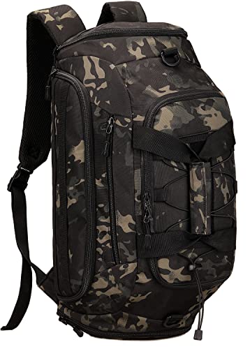 BlesMaller 35L Táctico Militar Duffel Bag Duffel Bag 2 en 1 Mochila/Bandolera, Fin de Semana Viaje Fitness Tote para Baloncesto Fútbol Yoga Gimnasio Boxeo, Camuflaje Nero Cover