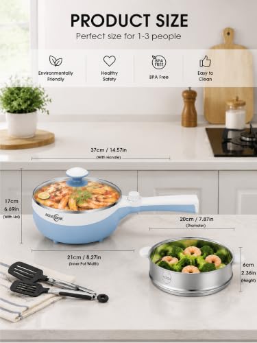 Image of Audecook Electric Hot Pot Mini Electric Skillet Adjustable Power Nonstick | Portable Cooking Pot Multi Ramen Cooker for Noodles, Soup, Steak, Eggs, Oatmeal, Home, Office, Dorm Room, and Travel