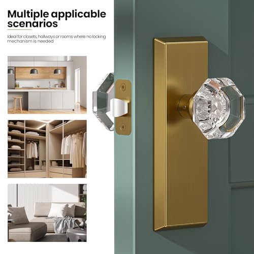 Image of Glass Door Knobs for Interior Doors - Vintage Crystal Passage Closet & Hallway Door Knob - Diamond Cut Door Handle - Antique Brass Finish (1 Pack 7 Inch Height)