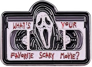 What's Your Favorite Horror Movie Vintage Tape Skull Badge Enamel Brooch Pin Lapel Pins for Halloween Clothes Bags Accessories Women Men Gifts