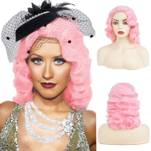 Amnenl Pink Finger Wave Wigs Womens 1920s Long Curly Hair Vintage Wigs Lady Synthetic Cosplay Costume Wig（Pink）