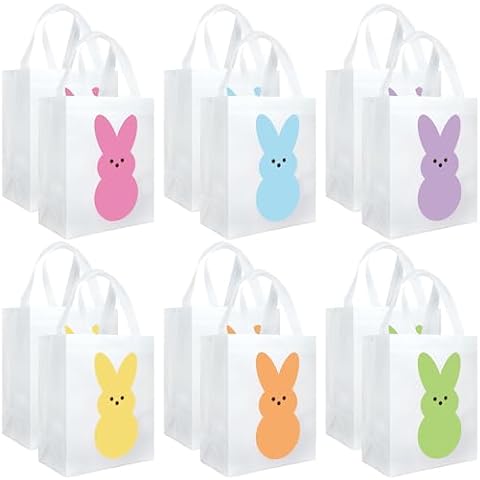 Augisteen 12 Pcs Bunny Non-Woven Gift Bags Reusable Easter Tote Treat Bags Bunny Bag Basket Container with Handles for Gifts Wrapping Egg Hunt Game Easter Party Supplies, 10 x 8 x 4.7 Inch Cover