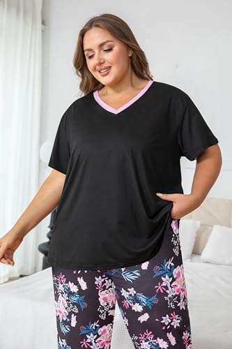 Image of Vozanet Women's Pajama Sets Short Sleeve with Long Pant Soft Sleepwear Printed pj Loungewear With TWO Pockets Size 1X to 5X