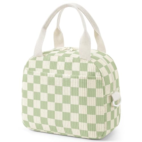 WOBAGMEN Lunch Box for Women,Lunch Bag Cute Corduroy Insulated Lunch Box With Shoulder Strap for Adult Womens for Work Picnic (Green Gingham)