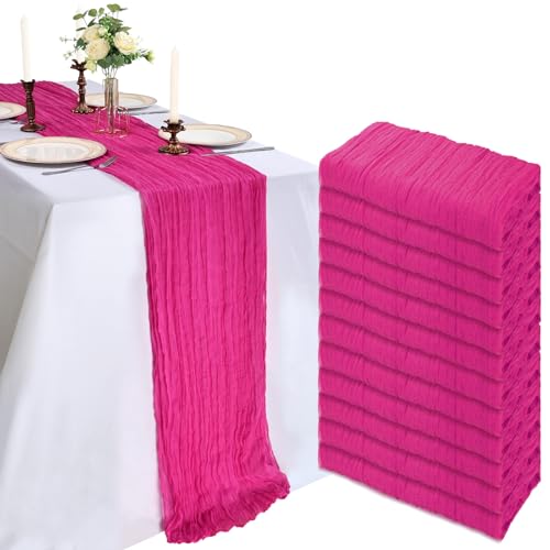 CKIKU 12 Pack 10Ft Hot Pink Cheesecloth Table Runner 23 x 120 Inch
