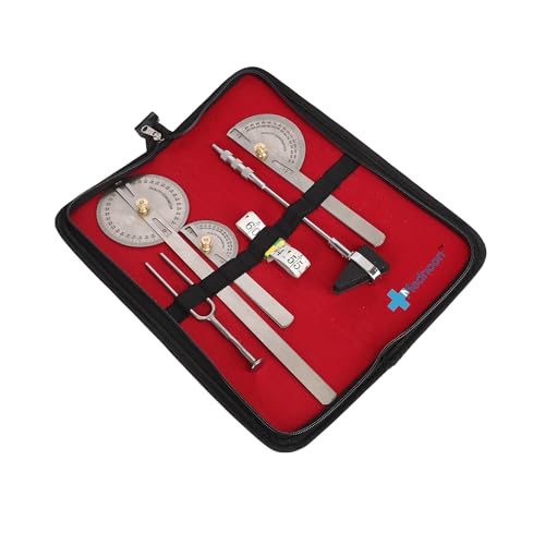 Image of Goniometer Set | Stainless Steel | with Carrying Case | Physical Therapy Assessment Kit | 3 Goniometer (Small, Medium And Large) Triangular Hammer, Measuring tape and Tunning Fork (512HZ) |
