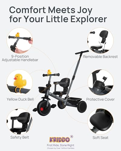 Image of KRIDDO 2-in-1 Tricycle for Toddlers 1.5-5 Years, Push Tricycle with Parent Steering & Detachable Handle, 9-Stage Adjustable Handlebar, Toddler Trike with Safety Belt, Clutch Pedals & Dual Basket, Grey