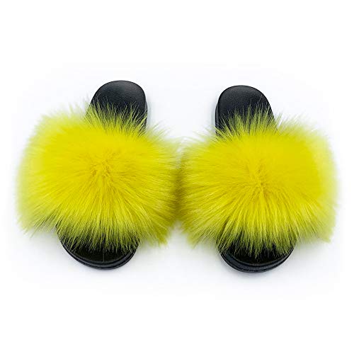 Image of Women's Faux Fur Slides Slippers Fluffy Fuzzy Sandals Open Toe Furry Slide Flip Flop Indoor Outdoor
