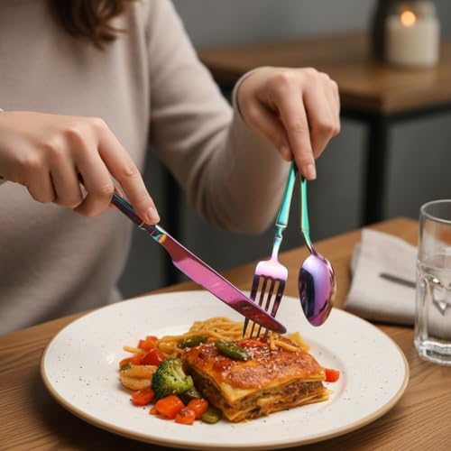 Image of 25 Pcs Rainbow Cutlery Set for Dining Table the Perfect Lightweight Silim Handle Tableware Including Dinner Spoon, Dinner Fork, Dinner Knife, Dessert Spoon & Dessert Fork