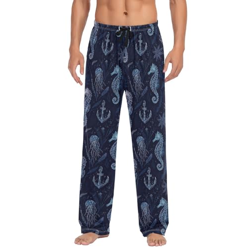 ALAZA Seahorses Jellyfishes Anchor Men’s Pajama Pants Soft Long Sleep Pants Lounge Pajama Bottoms with Pockets