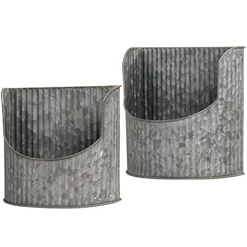 Mygift Galvanized Wall Planter, Rustic Silver Metal Vertical Ribbed Design Wall Mount Flower Pot, Set Of 2 #TOP5