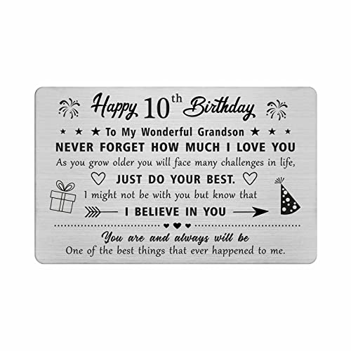 FALOGI Grandson 10th Birthday Card - Happy 10 Year Old Birthday Card for Grandson - Birthday Gifts for 10 Year Old Grandson, Metal Engraved Wallet Card