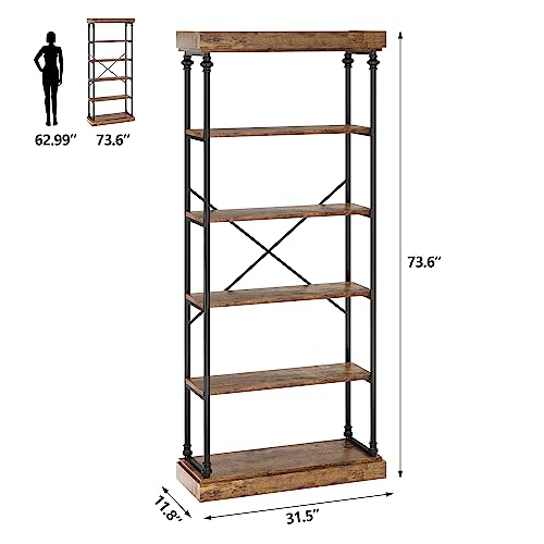 GarveeHome 6 Tier Bookshelf Industrial Bookcase Wood Tall Standing Bookshelves Wood Vintage Display Rack Rustic Bookshelf