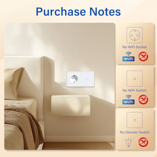 BSEED Steckdose mit Lichtschalter,Glas Touch Lichtschalter Unterputz Schalter,Schuko Steckdose mit 1 Fach 1 Wege Wandschalter Weiß(Nicht Smart Schalter)