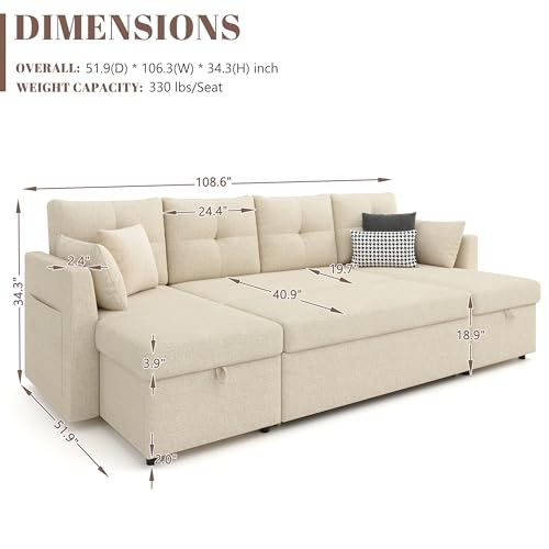 Image of Huatean Home Oversized Sleeper Couch Sofa, Sectional Sleeper Sofa Bed with Side Pocket for Living Room, 110 inch 2 in 1 Pull Out Couch with Double Storage Chaise, Beige
