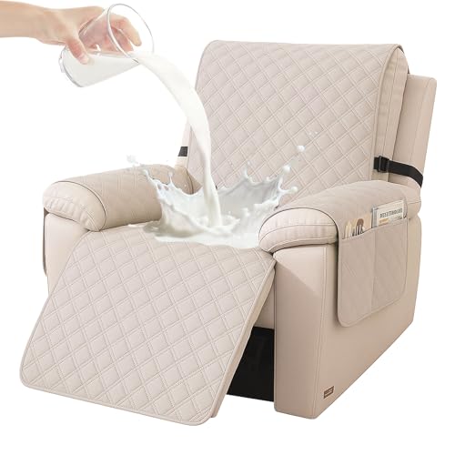 YSTELLAA Funda Sillon Relax Reclinable 1 Plaza, Impermeable Funda Sillon, Fundas para Sillones con Bolsillo Laterales, Mascotas, Antiarañazos(1 Asiento, Beige)
