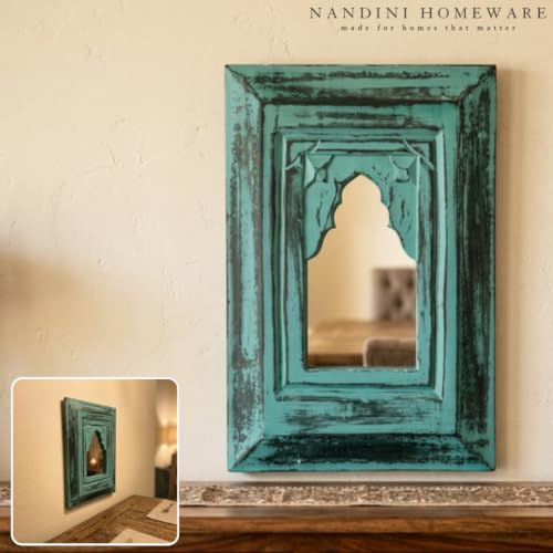 Image of Handcrafted Traditional MDF Wooden Mirror Jharokha Wall Art | Heritage Boho Style Decorative Wall Hanging (Teal Mirror)