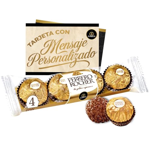 Pack con 4 Bombones Ferrero Rocher 50g + Tarjeta con Dedicatoria Personalizada Cia&Co - Haz Único Cada Momento de Sorpresa y Alegría con los bombones de chocolate Favoritos rellenos de avellana