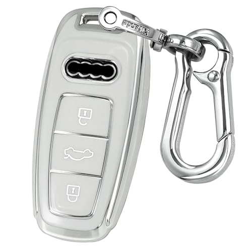 Kirsnda Key Fob Cover with keychian compatible with audi 2021 2022 2023 2024 2025 A6 A7 A8 Q6 Q7 Q8 ect S or RS smart remote key,TPU Protection Key Case (silver white)