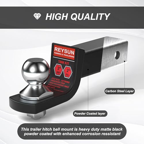 REYSUN 2-inch Drop Trailer Hitch Ball Mount Kit - 2-inch Trailer Ball and 5/8-inch Hitch Pin Kit, Fits 2-inch Hitch Receiver,7,500lbs Capacity, Matte Black