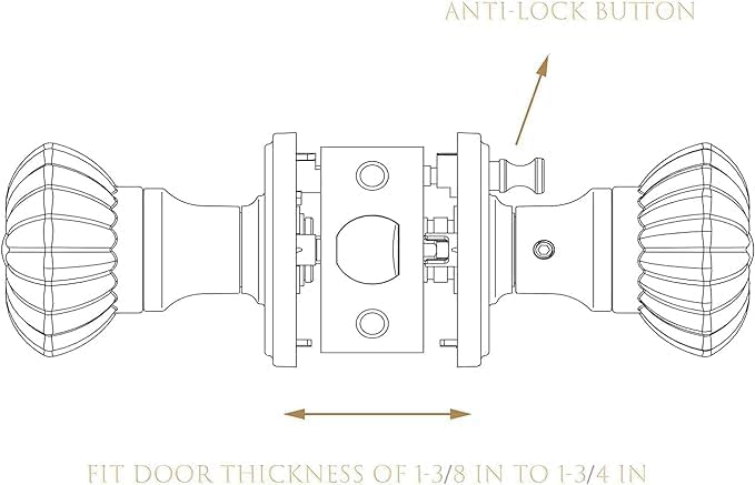 Diagram showing the internal mechanism of the door knob, indicating door thickness compatibility and the anti-lock button.