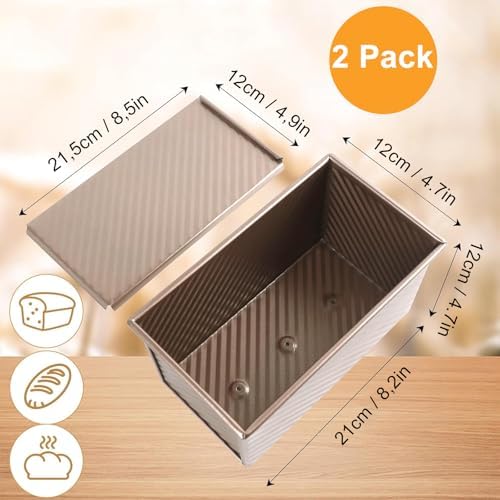 Pullman Loaf Pan with Lid 2 Pack, 8x4 Inch 1LB Nonstick Carbon Steel Bread Pans, Gold Corrugated Sandwich Bread Baking Pan for Toast, Sourdough, Homemade Bread - Thumbnail 3