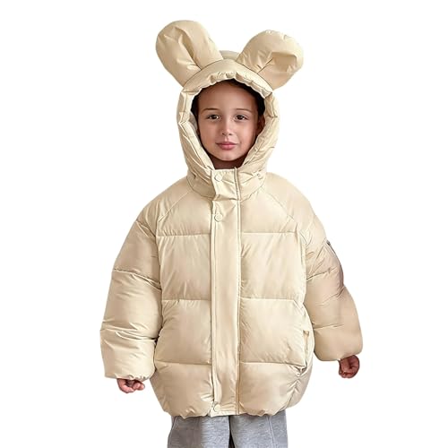 Girls Boys Cute Ears Hooded Puffer Jacket Zip Up Solid Color Long Sleeve Down Coat Kids Thick Padded Winter Outwear