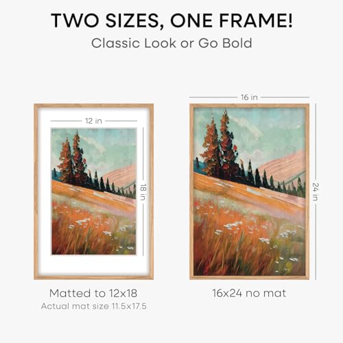 Image of Homeforia Picture 16x24 Wood Frame, High End Natural Oak 16x24 Light Wooden Poster Frame with Mat 12x18, 16 x 24 Frames Matted to 12 x 18 Photo, 24x16 Hanging Frame, Tempered Glass, Wall Kit, Set of 1