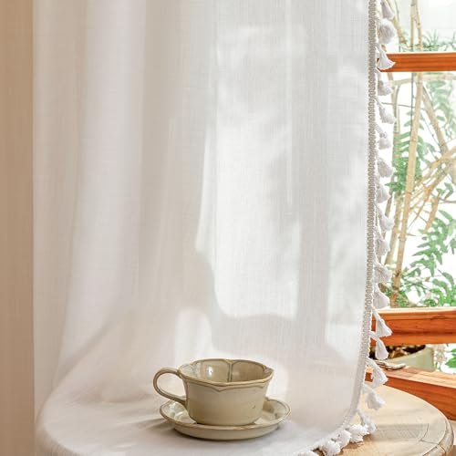 Image of MYSKY HOME Semi Sheer Light Filtering White Bohemian Curtains for Sliding Door 96 Inches Long，Back Tab Ceiling Curtains with Tassel for Living Room Bedroom, 50 inch x 96 inch，Pure White，2 Pieces