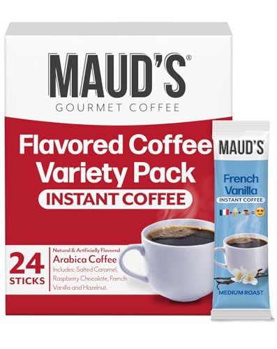 Maud's Flavored Instant Coffee Variety Pack, 24 ct, Caramel, Hazelnut, Raspberry, Vanilla, 100% Arabica Coffee, Medium Roast, Instant Hot or Iced Coffee - Just add water